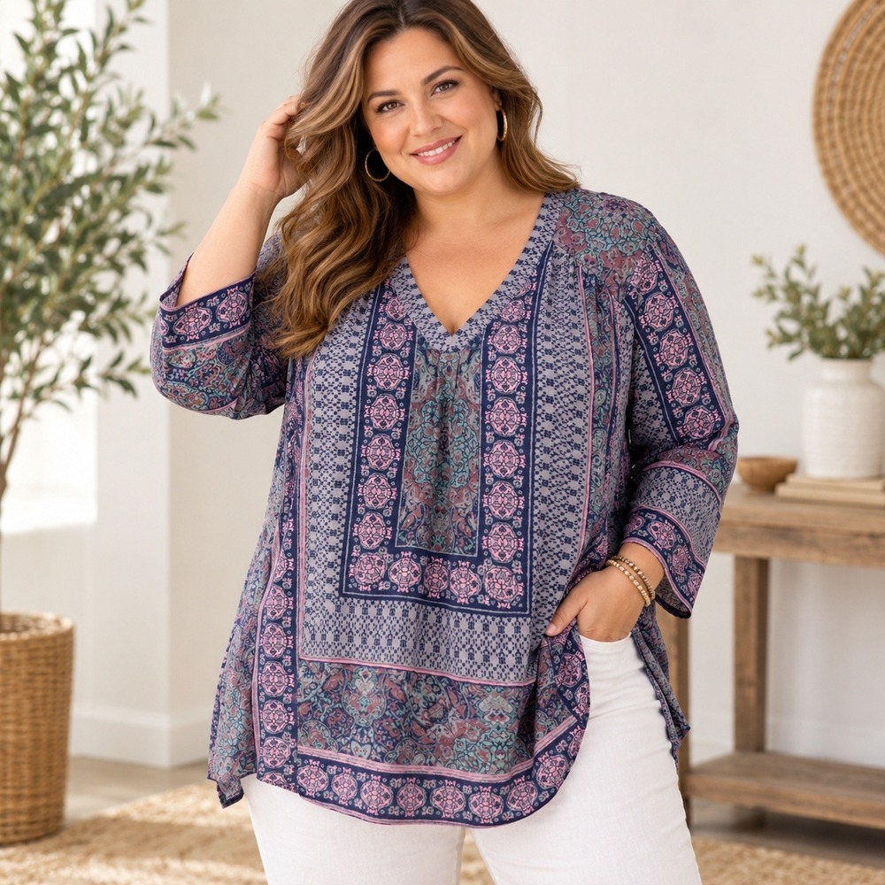 Lucky Brand Womens 2X Tunic Top Maroon Multi Paisley V-Neck Long Sleeve New